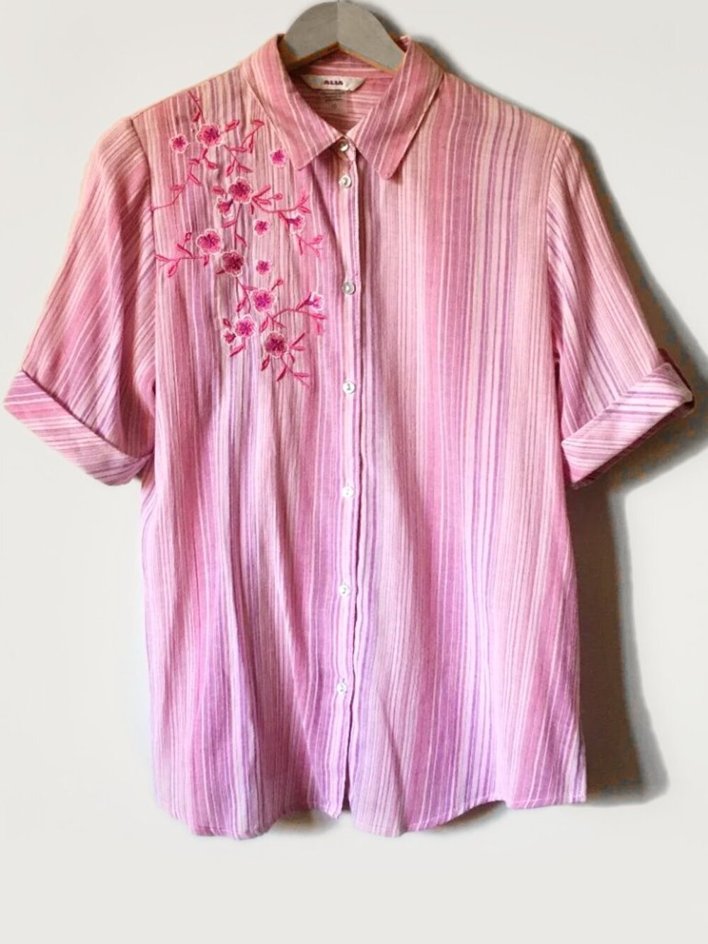 Vintage Cherry Blossom Girl Embroidered Striped Button Down Blouse 10